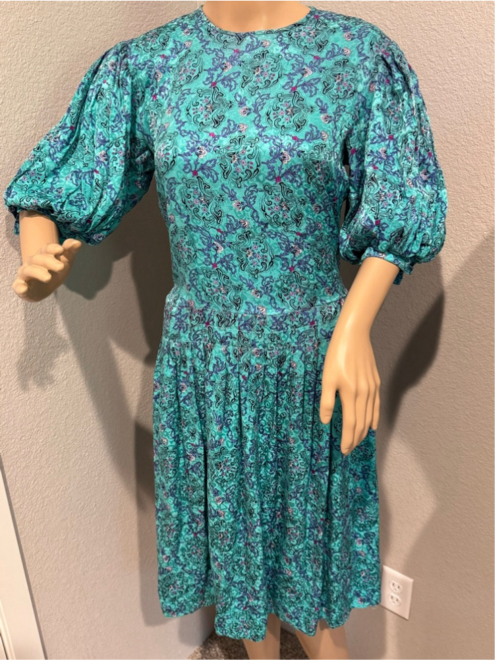 Vintage 80’s Women's Maggy London Teal Floral Silk Drop Waist Midi Dress Size 6